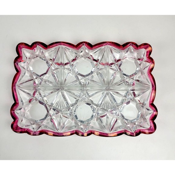 Vintage Tiffin Williamsburg Cranberry and Clear Pressed Glass 4 Part Relish Tray - Picture 10 of 12